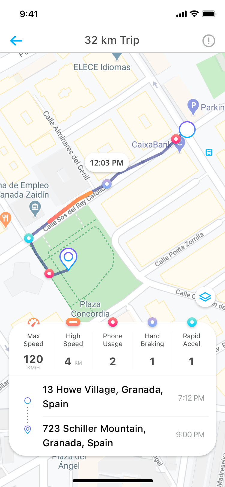 Screen of iSharing's Driving Report. Shows map, path, and detected events of Maximum Speed, High Speed area, Phone Usage, Hard Braking, and Rapid Acceleration.